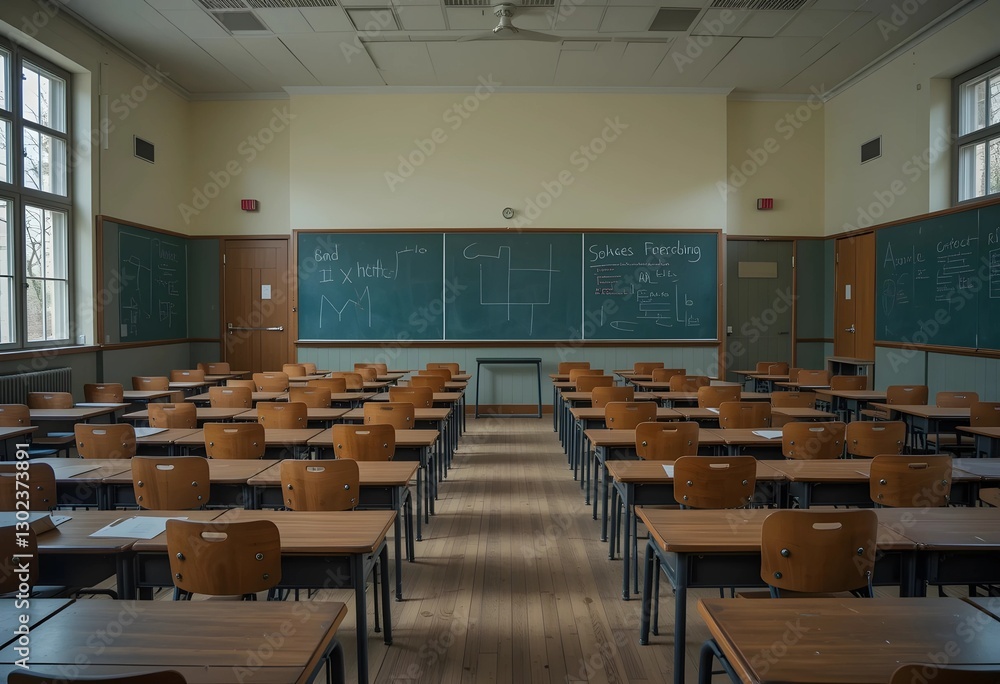 Fototapeta premium Empty high school classroom with vintage wooden chairs and desks. Classic academic atmosphere, back-to-school concept, and a focus on education and learning.