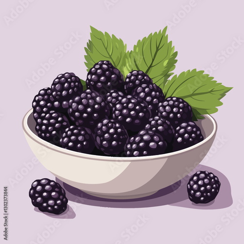A flat 2D vector of a bowl filled with fresh blackberries with a few leaves.