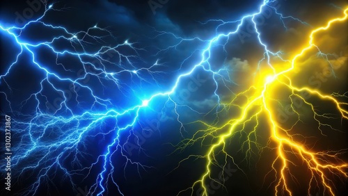 Electric blue and yellow lightning bolts illuminate a dark background, creating an otherworldly atmosphere, electric field, dark background