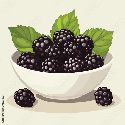 A flat 2D vector of a bowl filled with fresh blackberries with a few leaves.