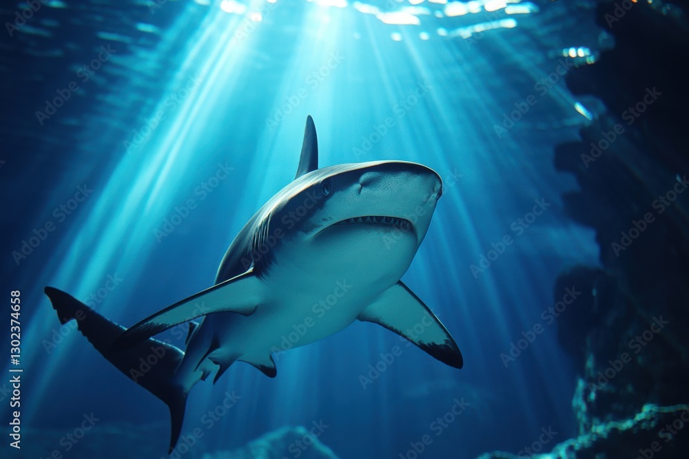 Fototapeta premium Stunning Close-Up Shot of a Blacktip Shark with Light Rays Illuminating Its Dorsal Fin in an Underwater Scene