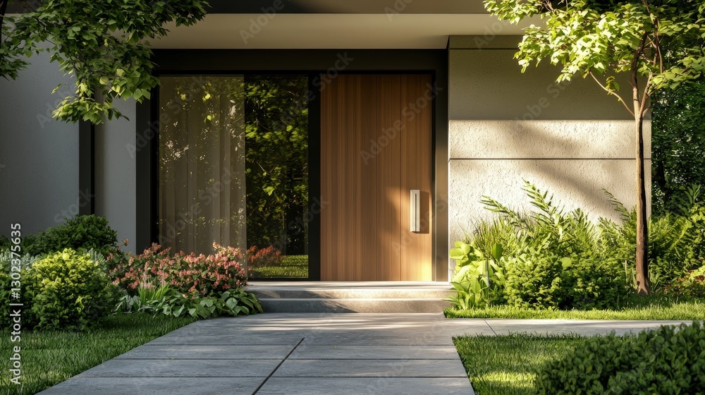 Naklejka premium Modern home facade with entrance, front door and view to the garden