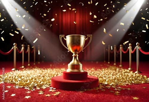 Golden Trophy On Red Podium With Spotlights And Falling Confetti, Luxury Award Ceremony. victory achievement concept