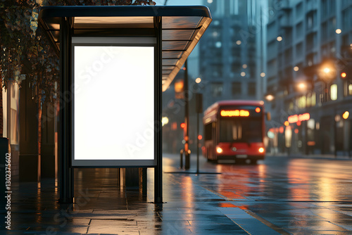 Wallpaper Mural Illuminated Bus Stop Advertisement Display on Rainy City Street at Twilight, A Modern Urban Scene with Blank Billboard and Red Bus for Marketing Campaigns Torontodigital.ca