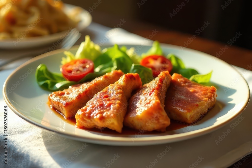 Delicious Pan-Seared Tofu Steaks with a Zesty Sauce, Served with a Fresh Garden Salad Delicious Pan-Seared Tofu Steaks with a Zesty Sauce, Served with a Fresh Garden Salad