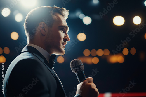 Male announcer in tuxedo speaking into microphone on stage.
