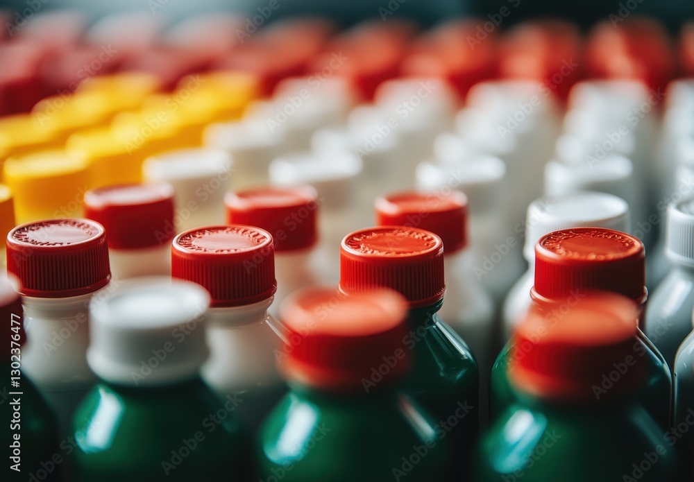 Obraz premium Colorful arrangement of plastic bottles with vivid caps in various shades and hues for creative packaging or design concepts and branding ideas