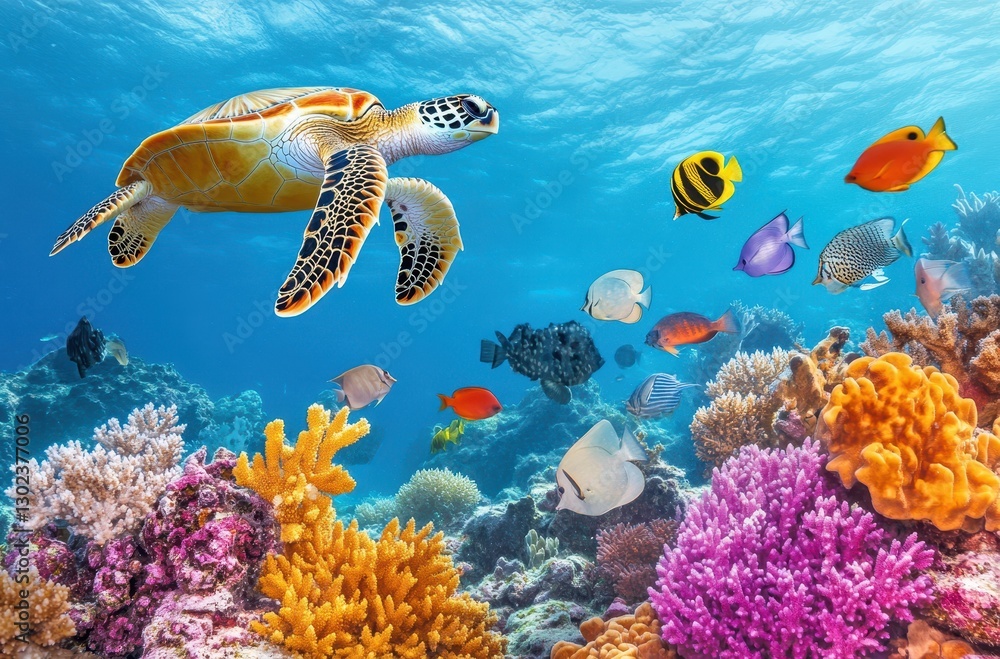 Fototapeta premium Colorful Underwater Scene with Sea Turtle and Vibrant Coral Reef Amidst Various Tropical Fish in Clear Blue Ocean