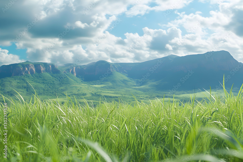 Fototapeta premium Lush green meadow with waving grass under a vibrant sky and scenic mountain views, showcasing a tranquil pastoral vista and natural serenity