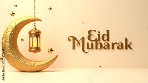 Eid Mubarak Golden Crescent and Lantern

