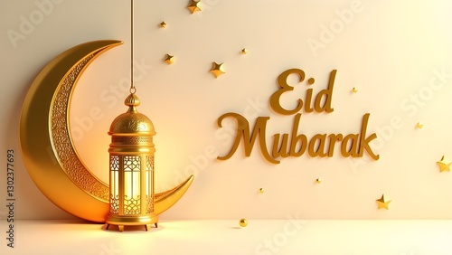 Golden eid mubarak lantern with crescent
