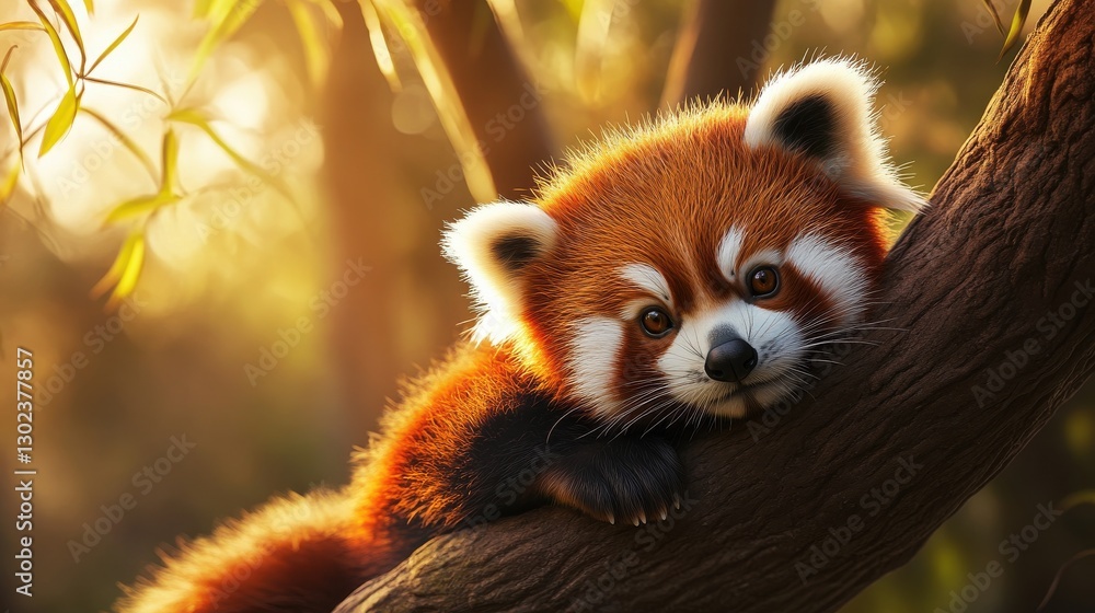 Obraz premium Cute Red Panda Relaxing on Tree Branch in Sunny Forest Setting