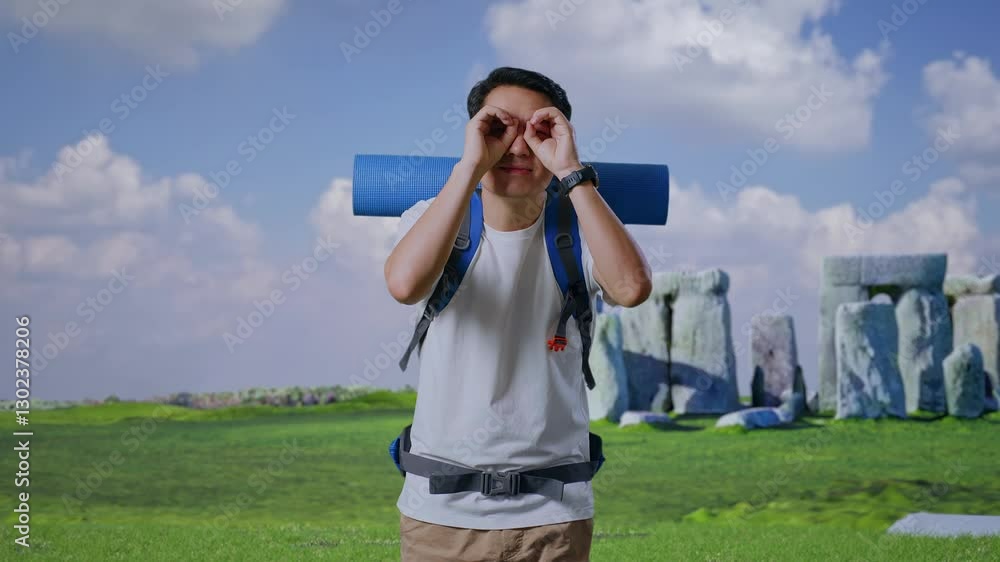 Asian Male Hiker With Mountaineering Backpack Smiling And Making Binoculars Gesture Then Looking Around While Traveling In Stonehenge Asian Male Hiker With Mountaineering Backpack Smiling And Making Binoculars Gesture Then Looking Around While Traveling In Stonehenge