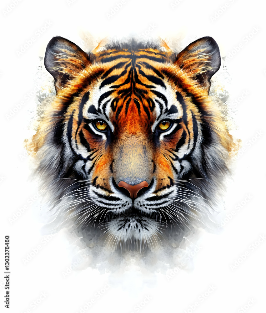 Majestic Tiger Portrait, A striking close-up of a tiger's face, showcasing its powerful gaze and intricate fur patterns against a clean white backdrop, high resolution detailed artwork Majestic Tiger Portrait, A striking close-up of a tiger's face, showcasing its powerful gaze and intricate fur patterns against a clean white backdrop, high resolution detailed artwork