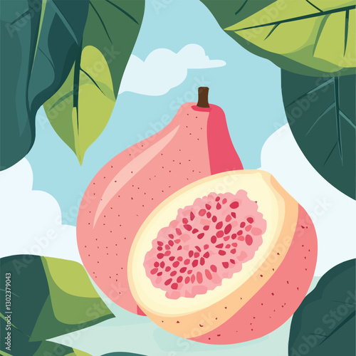 A flat 2D vector of a fresh guava with a tropical background.