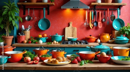 Wallpaper Mural Vibrant Kitchen Scene Featuring Colorful Cookware and Fresh Ingredients Ready for Delicious Meal Preparation Torontodigital.ca