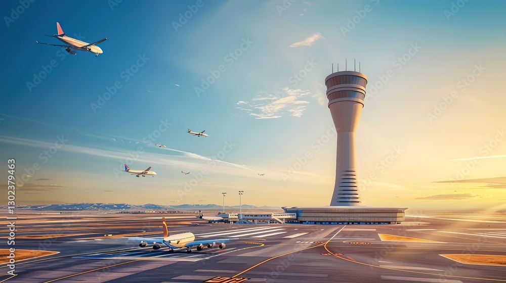 Obraz premium Aerial view of a modern air traffic control tower with airplanes taking off and landing on surrounding runways, showcasing aviation infrastructure and air transportation concepts.
