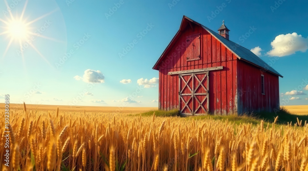 Rustic red barn stands proudly in a sun-drenched golden wheat field, a picturesque summer scene of rural serenity and agricultural abundance. Rustic red barn stands proudly in a sun-drenched golden wheat field, a picturesque summer scene of rural serenity and agricultural abundance.