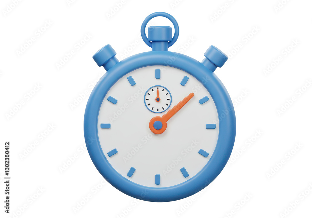 3D illustration of a blue stopwatch with a white face, orange and blue hands and small blue buttons on top 3D illustration of a blue stopwatch with a white face, orange and blue hands and small blue buttons on top