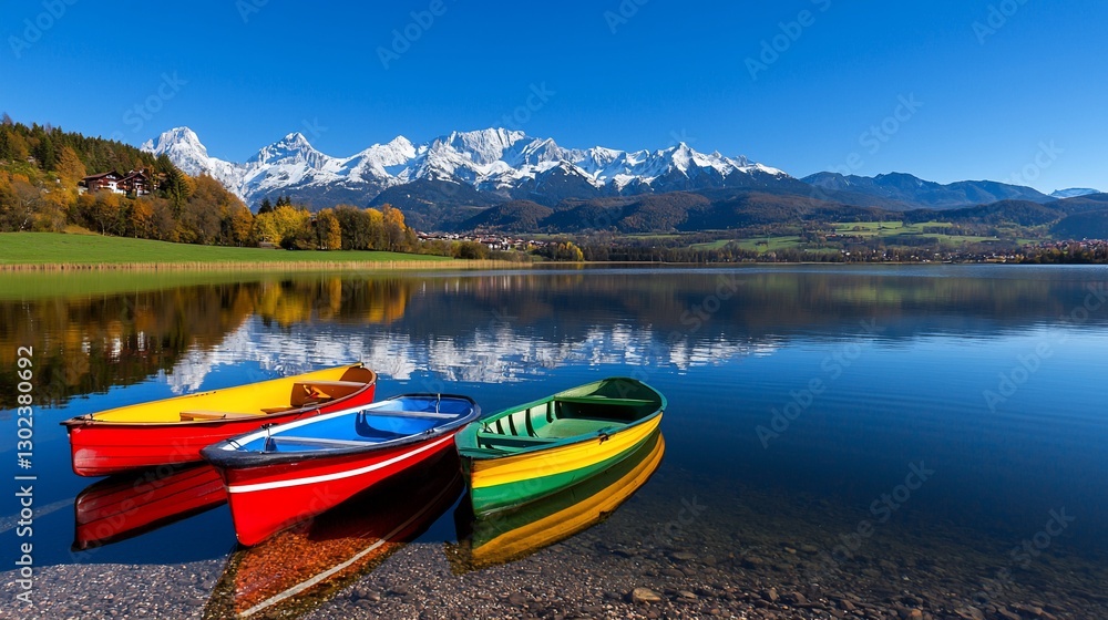 Colorful boats on calm lake reflecting snow-capped mountains. Colorful boats on calm lake reflecting snow-capped mountains.