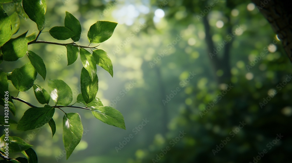 Fototapeta premium Sunlit green leaves in a lush forest.