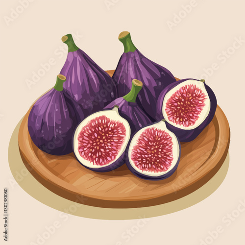 A flat 2D vector of a set of figs placed on a wooden plate.