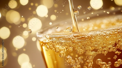 Sparkling champagne pouring into glass.