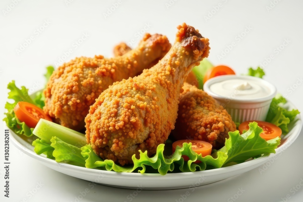 Crispy Breaded Chicken Drumsticks Served with Fresh Salad and Creamy Dipping Sauce on a White Plate Crispy Breaded Chicken Drumsticks Served with Fresh Salad and Creamy Dipping Sauce on a White Plate