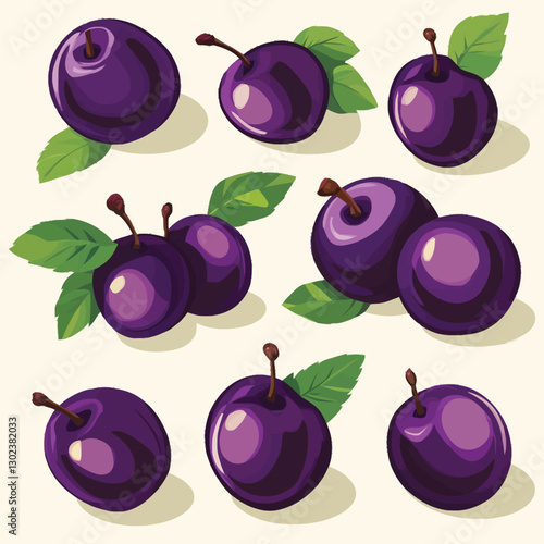 A flat 2D vector of a set of ripe plums with a few leaves.