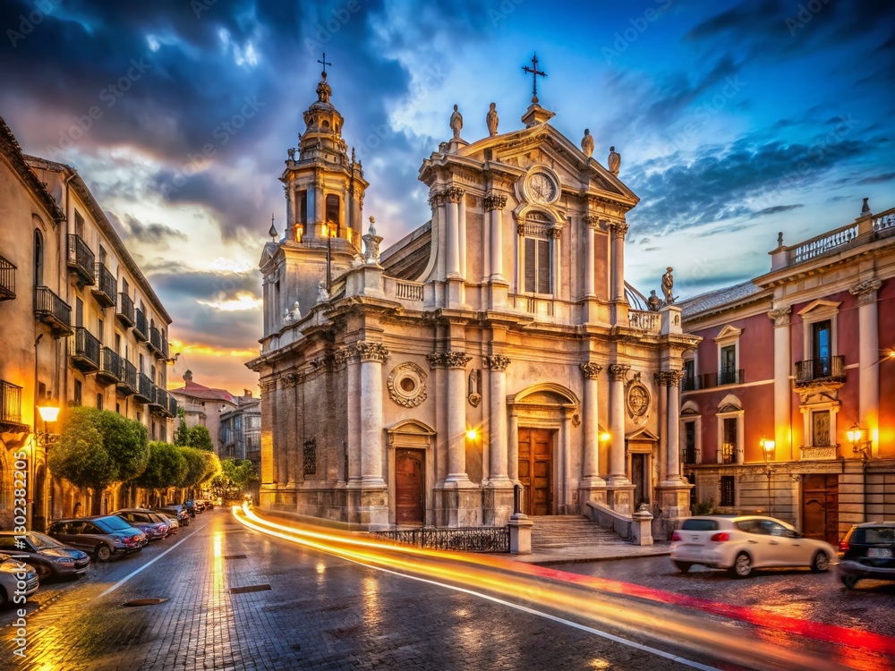 Fototapeta premium Catania Badia di Sant'Agata at Night: Long Exposure Photography of Sicilian Baroque Architecture