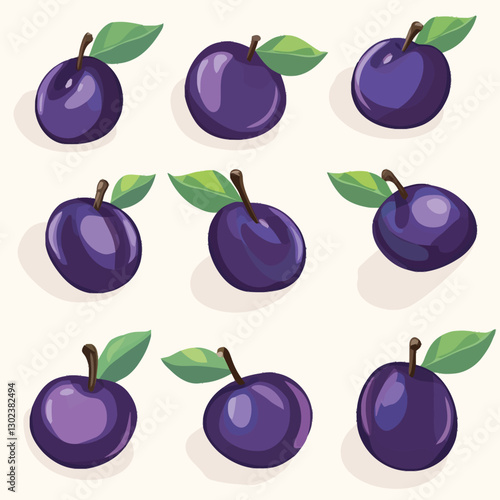 A flat 2D vector of a set of ripe plums with a few leaves.