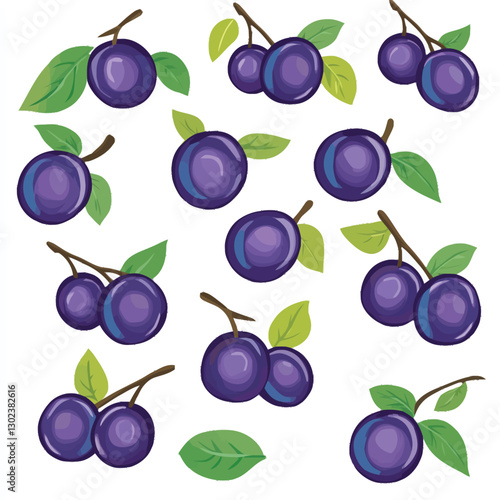 A flat 2D vector of a set of ripe plums with a few leaves.