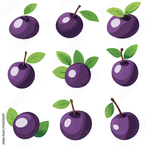 A flat 2D vector of a set of ripe plums with a few leaves.