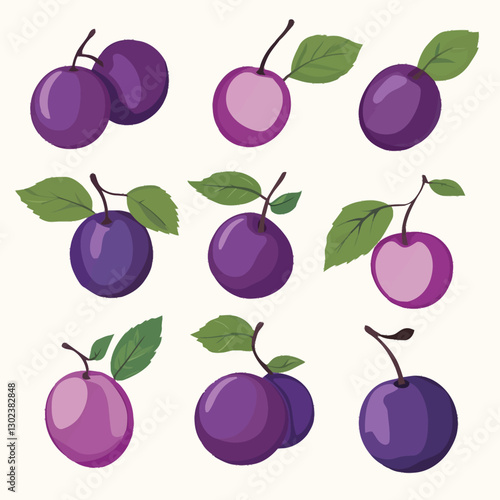 A flat 2D vector of a set of ripe plums with a few leaves.