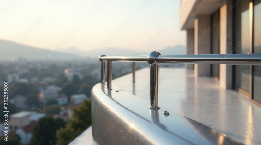 Obraz premium Sunrise view from a modern balcony with sleek metal railing and a panoramic cityscape background