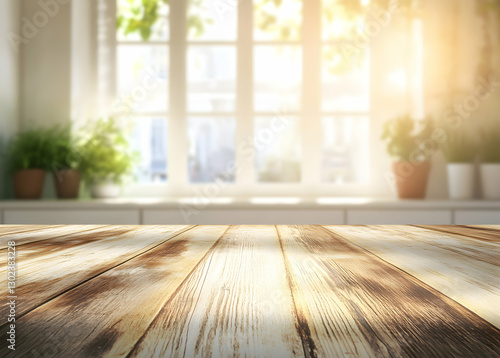 Rustic Wooden Tabletop with a Bright Kitchen Window Backdrop, Ideal for Product Mockups and Interior Design Visualizations Showcasing Natural Light photo