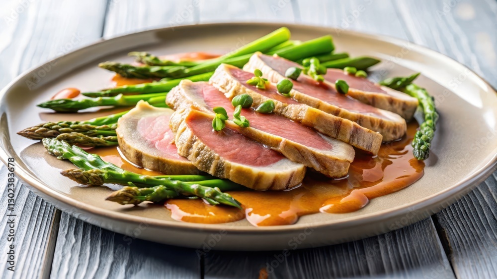 Thinly sliced veal on a plate with a rich tuna sauce and steamed asparagus , elegant presentation, veal Thinly sliced veal on a plate with a rich tuna sauce and steamed asparagus , elegant presentation, veal