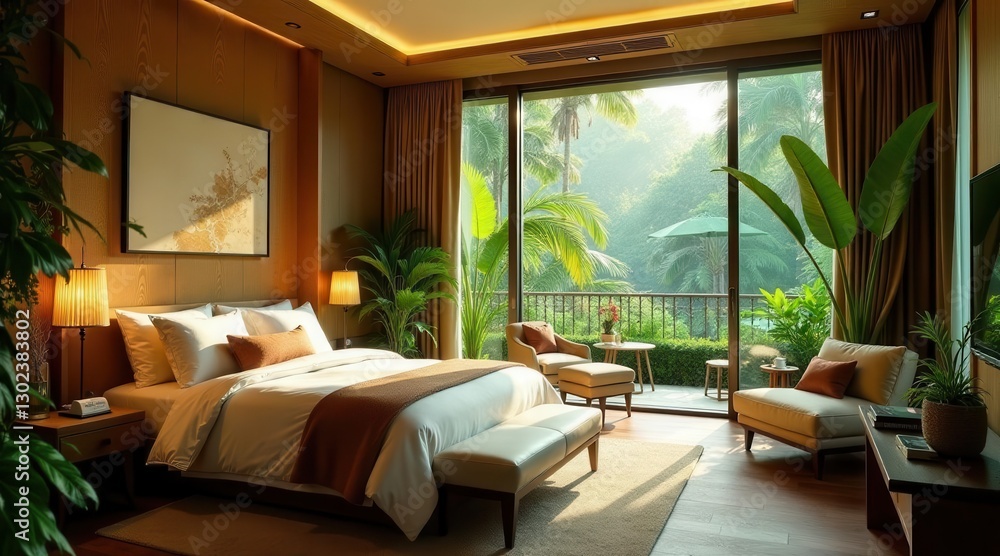 Luxurious bedroom suite showcasing serene tropical views from a private balcony, featuring a plush bed, elegant seating area, and rich wood accents. Luxurious bedroom suite showcasing serene tropical views from a private balcony, featuring a plush bed, elegant seating area, and rich wood accents.