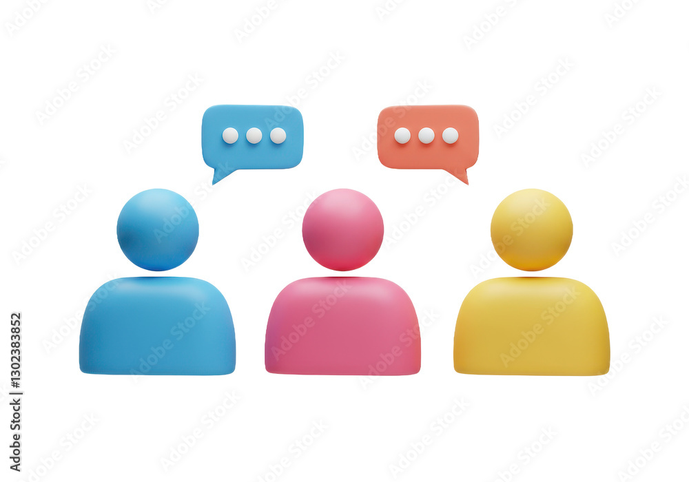 3D illustration of three colorful abstract human figures in blue, pink and yellow engaged in a conversation 3D illustration of three colorful abstract human figures in blue, pink and yellow engaged in a conversation