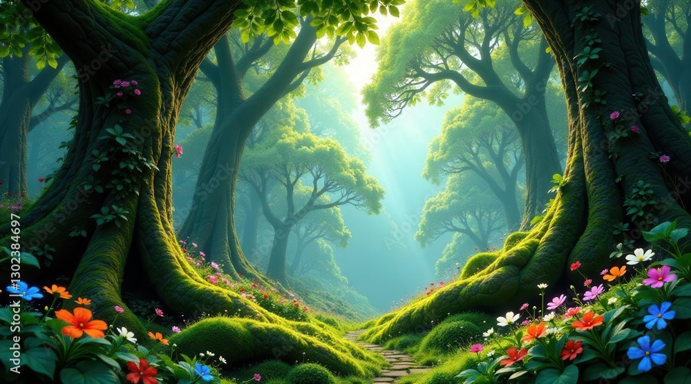 Fototapeta premium Enchanted Forest Path A Mystical Journey Through Lush Greenery and Vibrant Blossoms