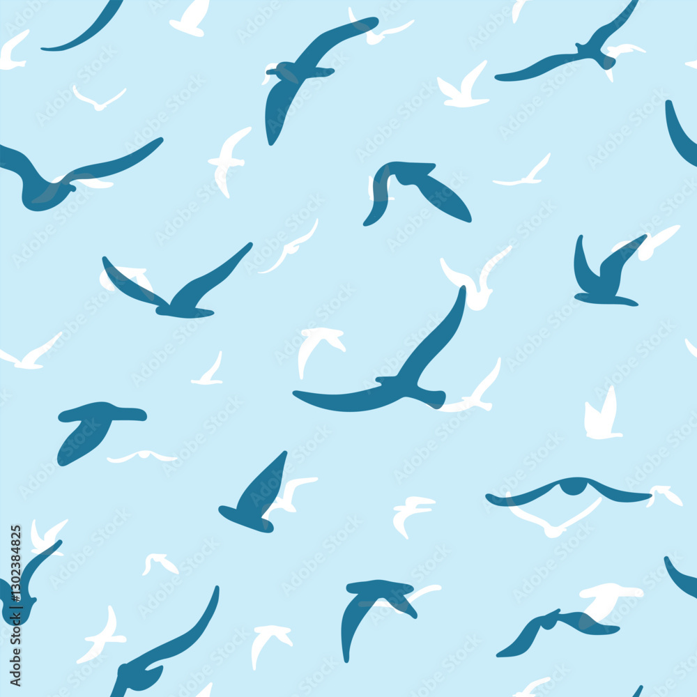 Flock of flying silhouette birds. Birds seamless pattern. White seagulls on a blue background. Vector Flock of flying silhouette birds. Birds seamless pattern. White seagulls on a blue background. Vector