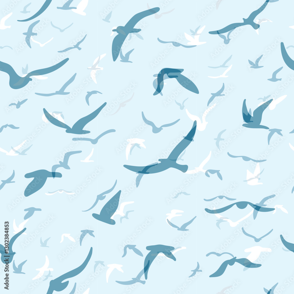 Fototapeta premium Flock of flying silhouette birds. Birds seamless pattern. White seagulls on a blue background. Vector