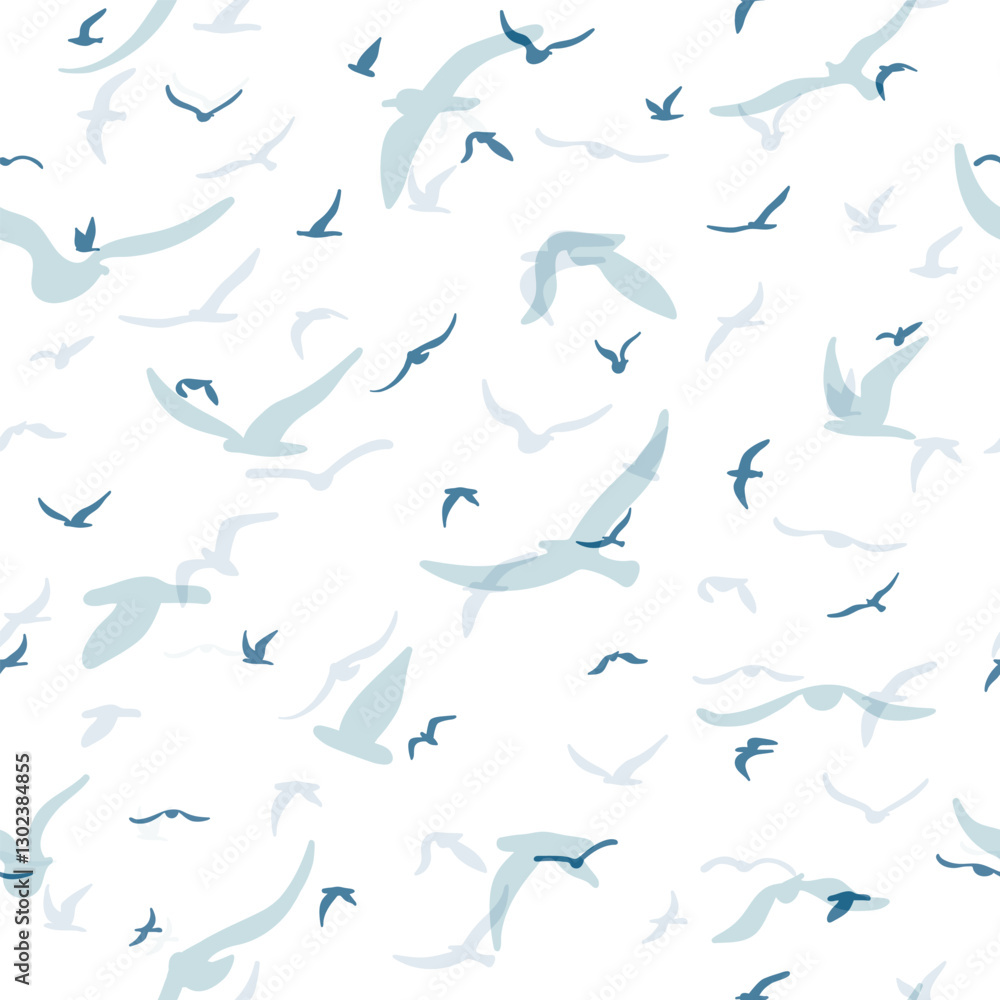 Flock of flying silhouette birds. Birds seamless pattern. White seagulls on a blue background. Vector Flock of flying silhouette birds. Birds seamless pattern. White seagulls on a blue background. Vector