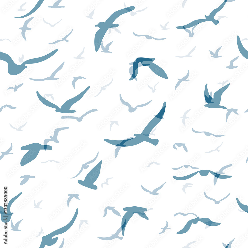 Flock of flying silhouette birds. Birds seamless pattern. White seagulls on a blue background. Vector i Flock of flying silhouette birds. Birds seamless pattern. White seagulls on a blue background. Vector i