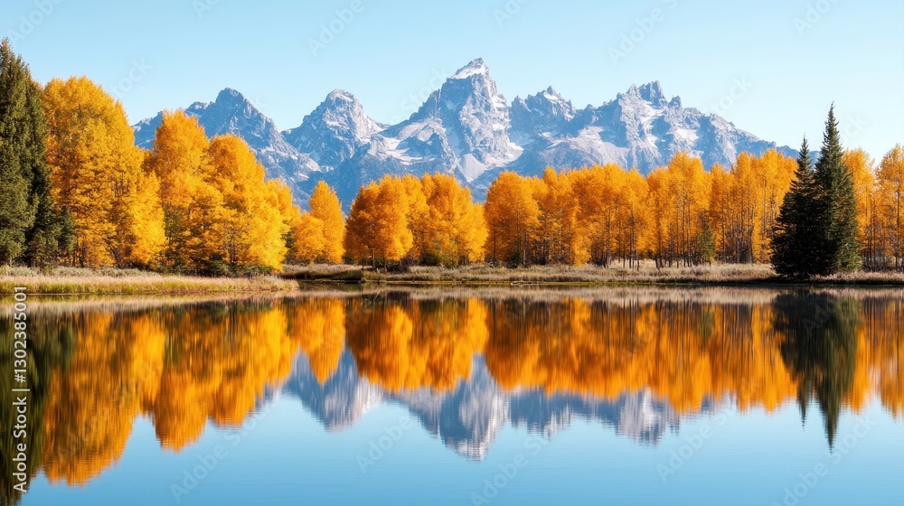 Fototapeta premium A serene landscape featuring vibrant autumn trees reflecting on a calm lake, with majestic mountains in the background under a clear blue sky.