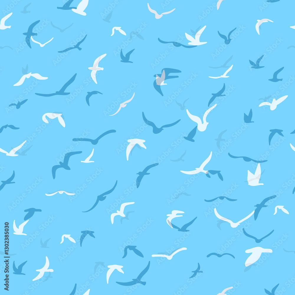 Flock of flying silhouette birds. Birds seamless pattern. White seagulls on a blue background. Vector i Flock of flying silhouette birds. Birds seamless pattern. White seagulls on a blue background. Vector i