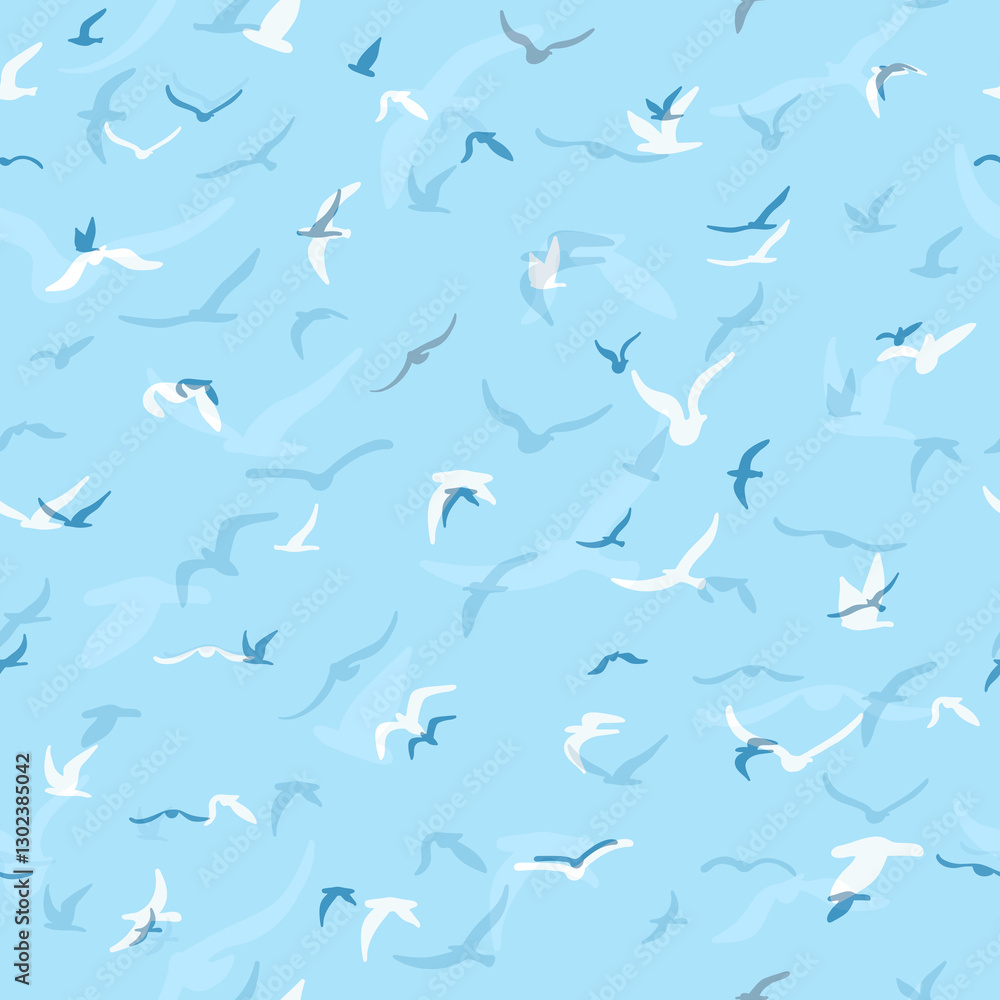 Flock of flying silhouette birds. Birds seamless pattern. White seagulls on a blue background. Vector i Flock of flying silhouette birds. Birds seamless pattern. White seagulls on a blue background. Vector i