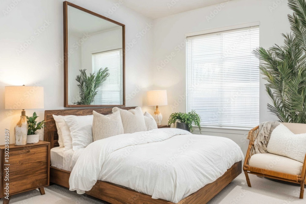 Fototapeta premium Modern bedroom with wooden bed, large mirror, and natural light.