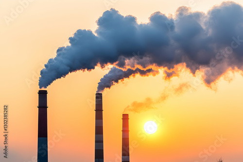 Silhouette of industrial chimneys emitting smoke against a vibrant sunset sky, representing environmental concerns and challenges related to air pollution at dusk photo