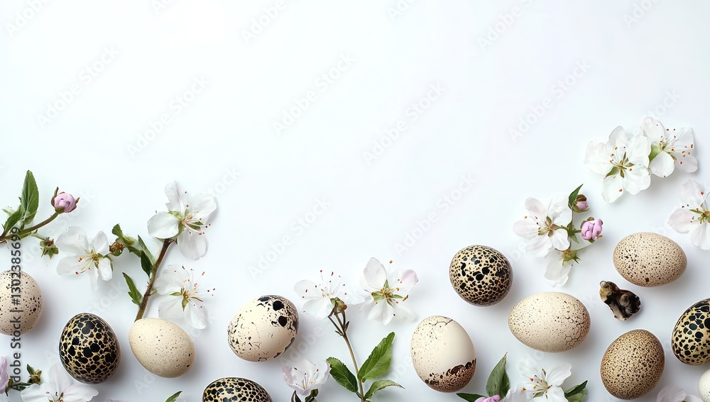 Obraz premium Spring arrangement of quail eggs and fresh flowers, set on a pristine white surface with space for text.